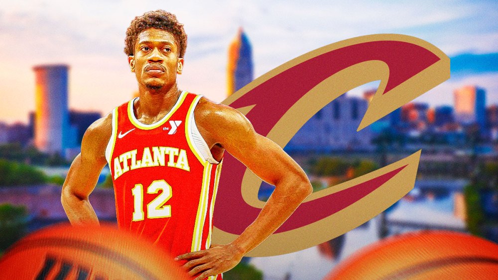 Hawks forward De'Andre Hunter next to the Cavs logo with Cleveland's skyline in the background ahead of Cavs trade deadline
