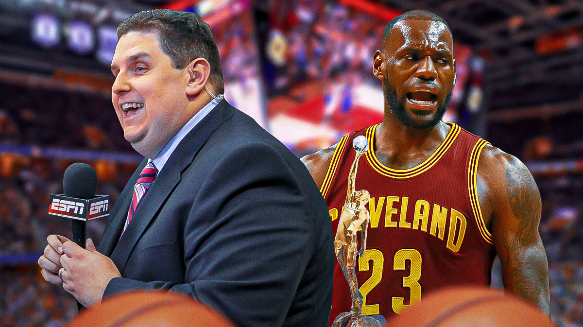 ESPN's Brian Windhorst next to former Cavs All-Star LeBron James (in a Cavs uniform) with the NBA's MVP trophy in the background