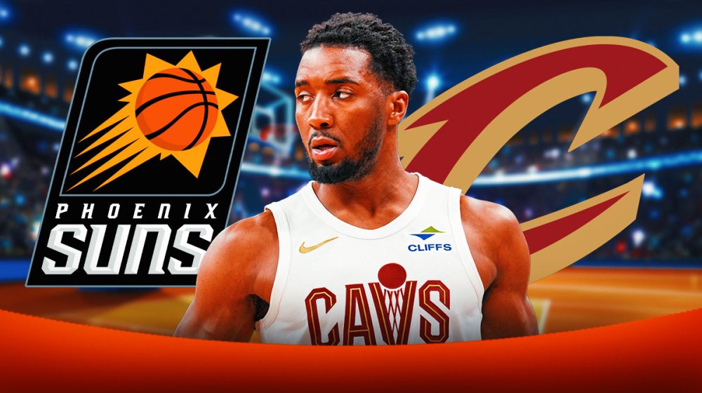Cavs All-Star Donovan Mitchell next to the Suns logo with the Cavs logo in the background amid Cavs losing streak