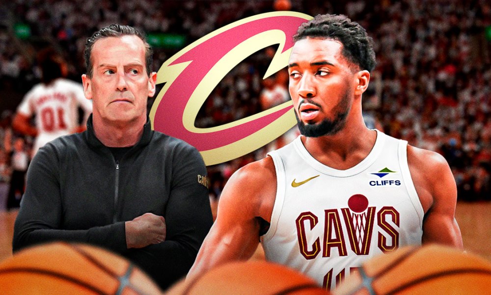 Cavs head coach Kenny Atkinson next to Cavs All-Star Donovan Mitchell with the Cavs logo in the background amid Kenny Atkinson Cavs losing streak