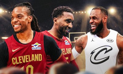 Cavs' Donovan Mitchell and Darius Garland smiling, with 2018 LeBron James smiling at them