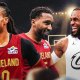 Cavs' Donovan Mitchell and Darius Garland smiling, with 2018 LeBron James smiling at them
