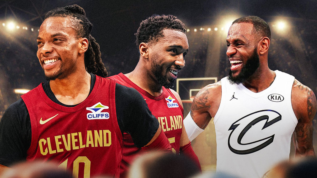 Cavs' Donovan Mitchell and Darius Garland smiling, with 2018 LeBron James smiling at them