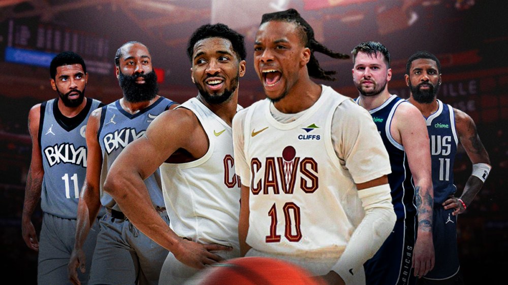 Cavs' Darius Garland and Donovan Mitchell in the middle, with Nets' James Harden and Kyrie Irving (2021 version) on the left and Mavericks' Luka Doncic and Kyrie Irving (2024 version) on the right
