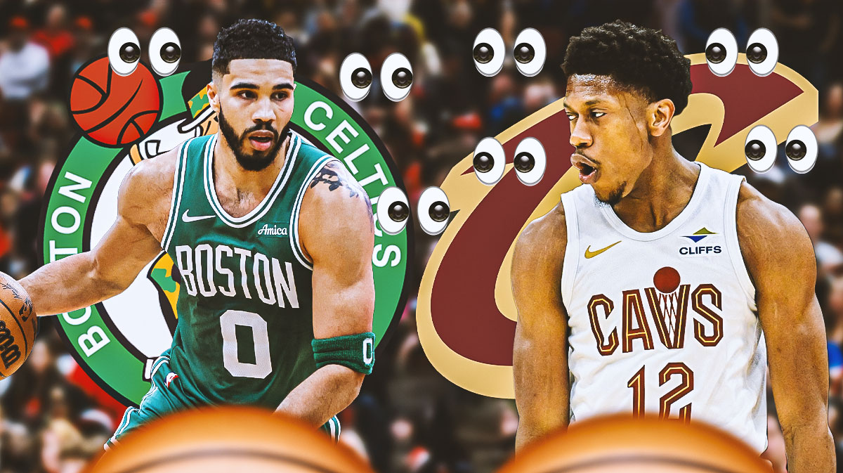 De'Andre Hunter, Jayson Tatum, Cavaliers and Celtics logos, eyes symbols