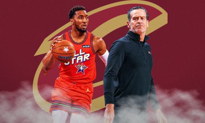 Cavs All-Star Donovan Mitchell next to Cavs head coach Kenny Atkinson with the Cavs logo in the background on 16-game winning streak days before this year's Super Bowl