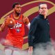 Cavs All-Star Donovan Mitchell next to Cavs head coach Kenny Atkinson with the Cavs logo in the background on 16-game winning streak days before this year's Super Bowl