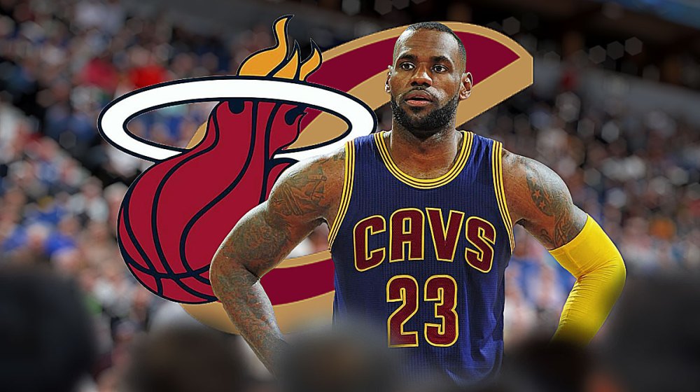 Lakers' LeBron James (in a Cavs jersey) next to the Heat logo with the Cavs logo in the background