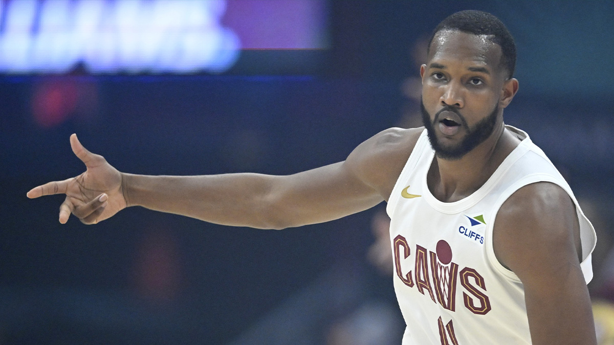 Cleveland Cavaliers forward Evan Mobley (4) celebrates his three-point basket in the first quarter against the Miami Heat at Rocket Arena.