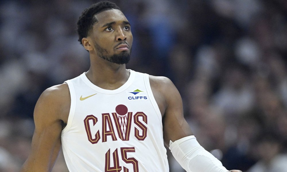 Cleveland Cavaliers guard Donovan Mitchell (45) walks on the court in the first quarter against the Miami Heat at Rocket Arena.