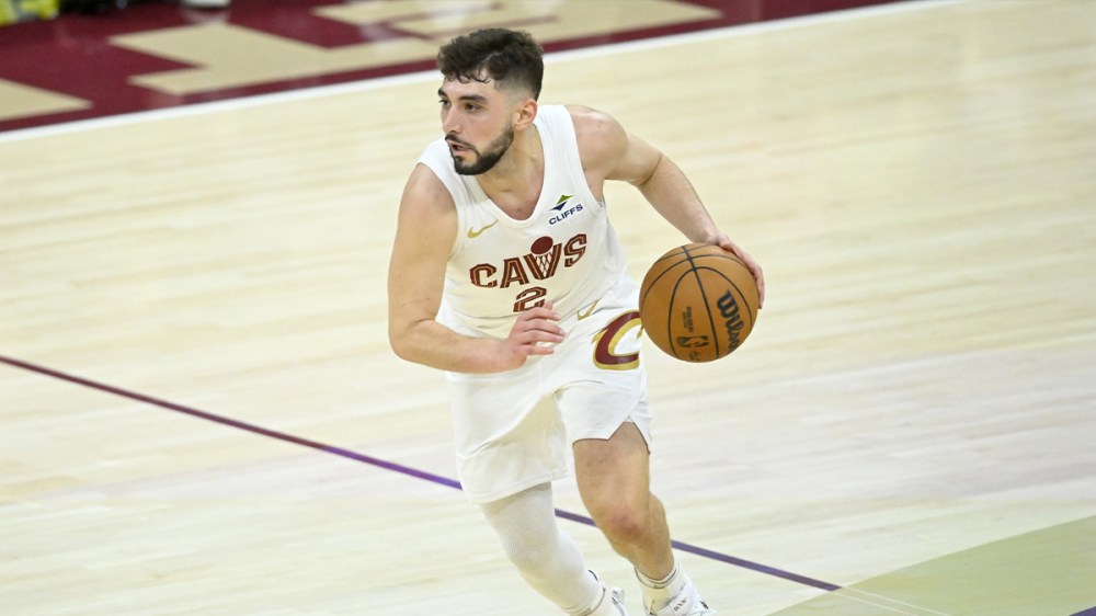 Cleveland Cavaliers guard Ty Jerome (2) brings the ball up court in the fourth quarter against the Miami Heat at Rocket Arena.