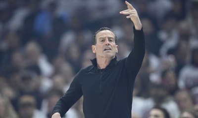 Cleveland Cavaliers head coach Kenny Atkinson reacts in the first quarter against the Miami Heat at Rocket Arena.