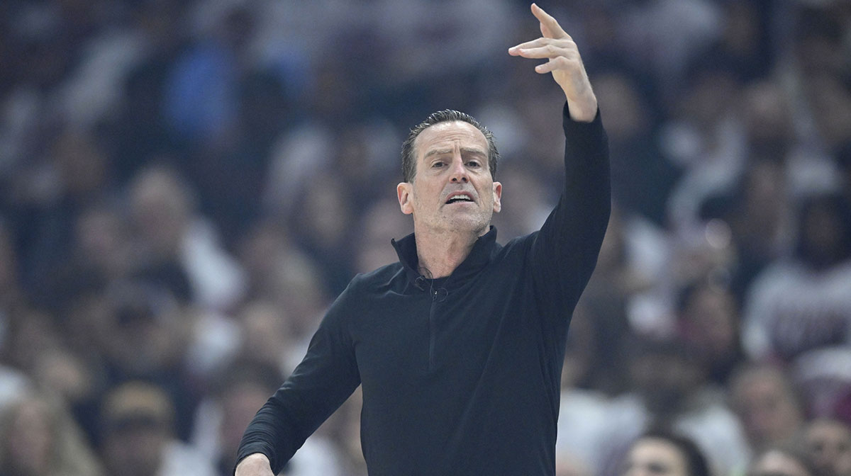 Cleveland Cavaliers head coach Kenny Atkinson reacts in the first quarter against the Miami Heat at Rocket Arena.