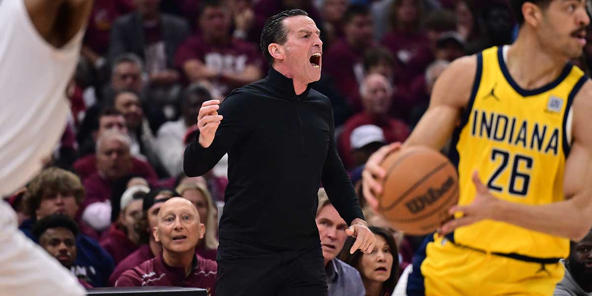 Cleveland Cavaliers head coach Kenny Atkinson reacts during the first half against the Indiana Pacers in game one of the second round for the 2025 NBA Playoffs at Rocket Arena.