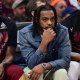 Cleveland Cavaliers guard Darius Garland, middle, watches from the bench during the first half against the Indiana Pacers in game one of the second round for the 2025 NBA Playoffs at Rocket Arena.