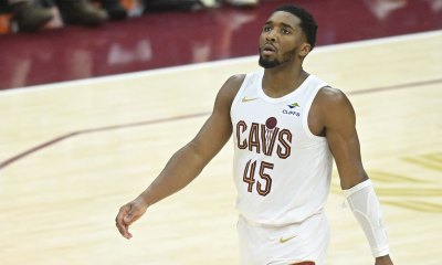 Cleveland Cavaliers guard Donovan Mitchell (45) walks on the court in the fourth quarter during game two of the second round of the 2025 NBA Playoffs against the Indiana Pacers at Rocket Arena.