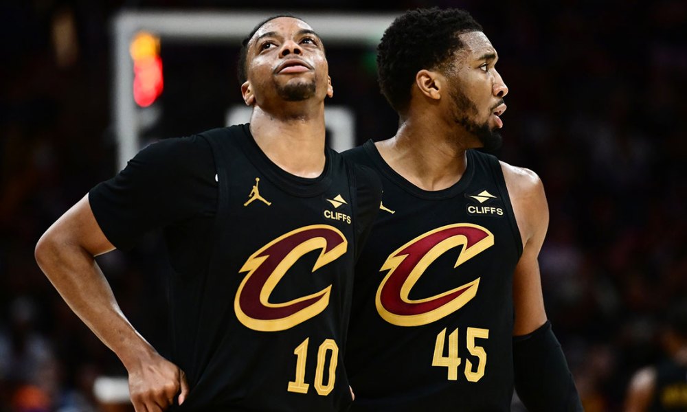 Cleveland Cavaliers guard Darius Garland (10) and guard Donovan Mitchell (45) react during the second half against the Indiana Pacers in game five of the second round for the 2025 NBA Playoffs at Rocket Arena.