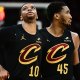 Cleveland Cavaliers guard Darius Garland (10) and guard Donovan Mitchell (45) react during the second half against the Indiana Pacers in game five of the second round for the 2025 NBA Playoffs at Rocket Arena.