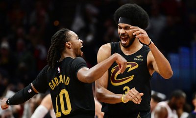 Cleveland Cavaliers guard Darius Garland (10) and center Jarrett Allen (31) celebrate during the second half against the Chicago Bulls at Rocket Mortgage FieldHouse.