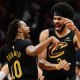 Cleveland Cavaliers guard Darius Garland (10) and center Jarrett Allen (31) celebrate during the second half against the Chicago Bulls at Rocket Mortgage FieldHouse.