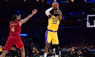 Los Angeles Lakers forward LeBron James (23) shoots against Cleveland Cavaliers Cleveland Cavaliers forward Evan Mobley (4) during the first half at Crypto.com Arena.