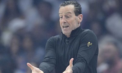 Cleveland Cavaliers head coach Kenny Atkinson reacts in the first quarter against the Indiana Pacers during game two of the second round of the 2025 NBA Playoffs at Rocket Arena.