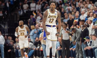 Los Angeles Lakers forward Dorian Finney-Smith (17) celebrates after scoring a three pointer agains the Minnesota Timberwolves in the fourth quarter during game four of first round for the 2025 NBA Playoffs at Target Center.