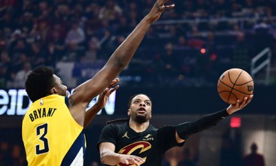 Cleveland Cavaliers guard Darius Garland (10) drives to the basket against Indiana Pacers center Thomas Bryant (3) during the first half of game five of the second round for the 2025 NBA Playoffs at Rocket Arena.