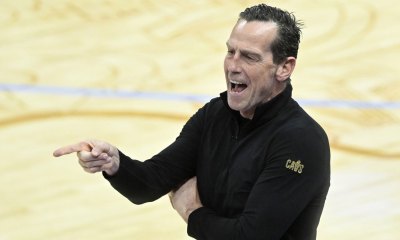 Cleveland Cavaliers head coach Kenny Atkinson reacts in the third quarter against the San Antonio Spurs at Rocket Arena.