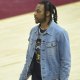 Cavaliers guard Darius Garland (10) stands on the court in the fourth quarter during game two of the second round of the 2025 NBA Playoffs against the Indiana Pacers at Rocket Arena with ESPN Brian Windhorst in the background