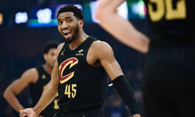 Cavaliers guard Donovan Mitchell (45) reacts during the first half against the Indiana Pacers in game five of the second round for the 2025 NBA Playoffs at Rocket Arena