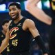 Cavaliers guard Donovan Mitchell (45) reacts during the first half against the Indiana Pacers in game five of the second round for the 2025 NBA Playoffs at Rocket Arena