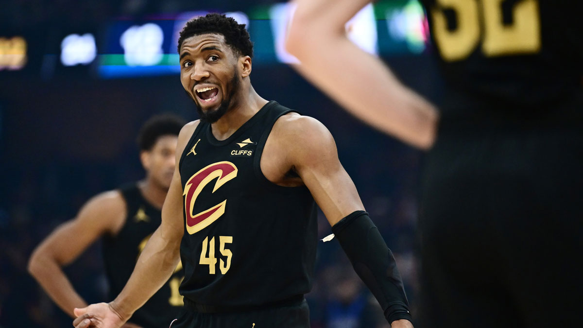 Cavaliers guard Donovan Mitchell (45) reacts during the first half against the Indiana Pacers in game five of the second round for the 2025 NBA Playoffs at Rocket Arena
