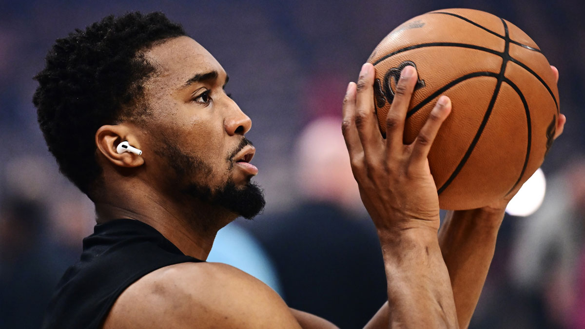 Cavaliers guard Donovan Mitchell (45) warms up before game five between the Cavaliers and the Indiana Pacers of the second round for the 2025 NBA Playoffs at Rocket Arena