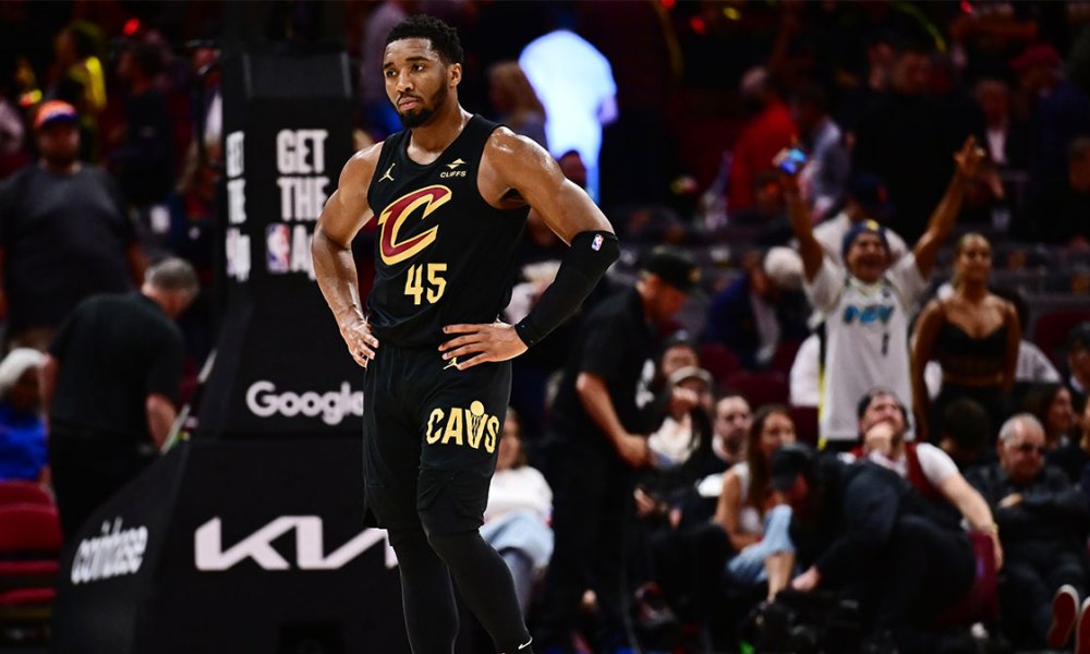 Cavaliers guard Donovan Mitchell (45) reacts during the second half of game five against the Indiana Pacers in the second round for the 2025 NBA Playoffs at Rocket Arena