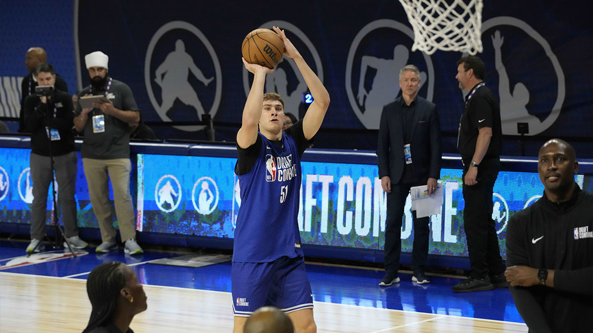 Cooper Flagg (51) participates in the 2025 NBA Draft Combine at Wintrust Arena.