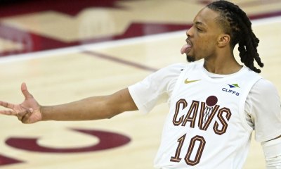 Cleveland Cavaliers guard Darius Garland (10) celebrates after making a three-point basket in the fourth quarter against the Miami Heat at Rocket Arena.