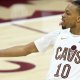 Cleveland Cavaliers guard Darius Garland (10) celebrates after making a three-point basket in the fourth quarter against the Miami Heat at Rocket Arena.