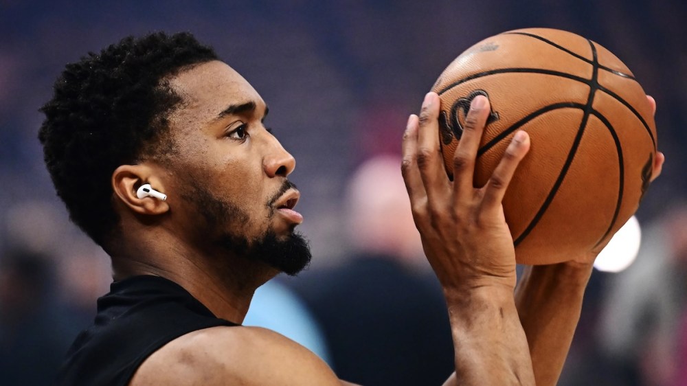 Cleveland Cavaliers guard Donovan Mitchell (45) warms up before game five between the Cavaliers and the Indiana Pacers of the second round for the 2025 NBA Playoffs at Rocket Arena.