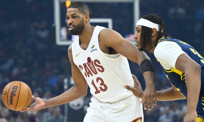Cleveland Cavaliers center Tristan Thompson (13) passes the ball beside Indiana Pacers center Myles Turner (33) in the first quarter at Rocket Arena.