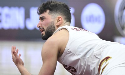 Cleveland Cavaliers guard Ty Jerome (2) reacts after driving to the basket against the Indiana Pacers in the first quarter during game two of the second round of the 2025 NBA Playoffs at Rocket Arena.