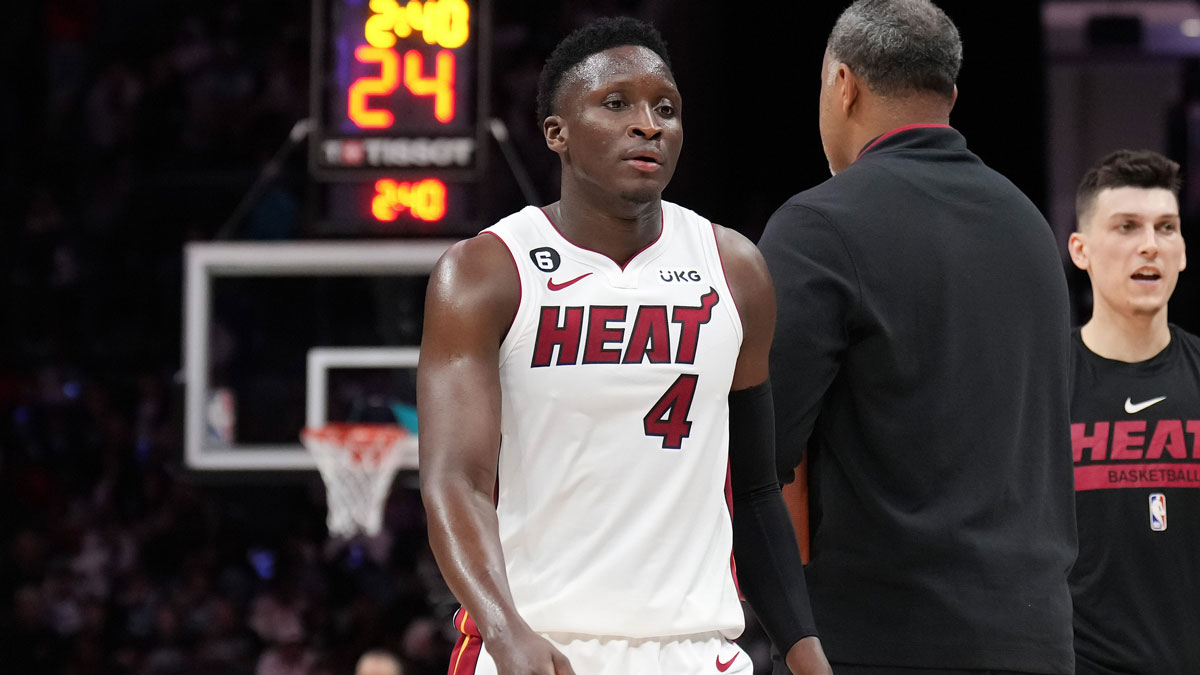 Miami Heat guard Victor Oladipo (4) walks from the court in the second half against the Charlotte Hornets at Spectrum Center.