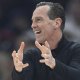 Cleveland Cavaliers head coach Kenny Atkinson reacts in the first quarter of game two of the first round of the 2025 NBA Playoffs against the Miami Heat at Rocket Arena