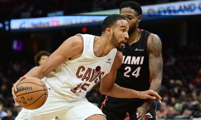 Cleveland Cavaliers forward Isaiah Mobley (15) drives to the basket against Miami Heat forward Haywood Highsmith (24) during the second half at Rocket Mortgage FieldHouse.