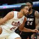 Cleveland Cavaliers forward Isaiah Mobley (15) drives to the basket against Miami Heat forward Haywood Highsmith (24) during the second half at Rocket Mortgage FieldHouse.
