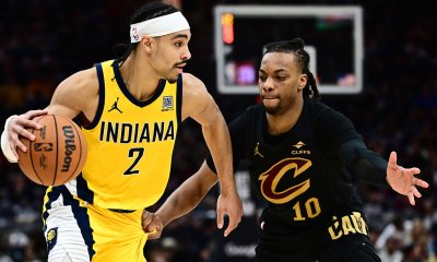 Indiana Pacers guard Andrew Nembhard (2) brings the ball up court against Cleveland Cavaliers guard Darius Garland (10) during the second half of game five of the second round for the 2025 NBA Playoffs at Rocket Arena.