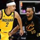 Indiana Pacers guard Andrew Nembhard (2) brings the ball up court against Cleveland Cavaliers guard Darius Garland (10) during the second half of game five of the second round for the 2025 NBA Playoffs at Rocket Arena.