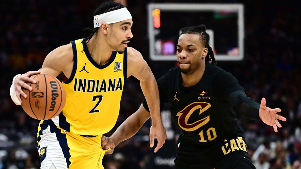 Indiana Pacers guard Andrew Nembhard (2) brings the ball up court against Cleveland Cavaliers guard Darius Garland (10) during the second half of game five of the second round for the 2025 NBA Playoffs at Rocket Arena.