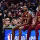 Cleveland Cavaliers forward Evan Mobley (4) and guard Donovan Mitchell (45) wait along side head coach Kenny Atkinson to enter the game during the first half against the New York Knicks at Rocket Arena.