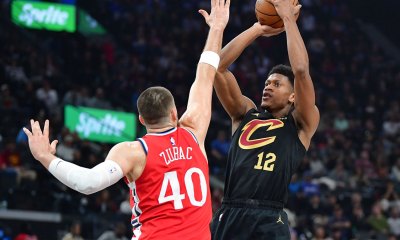 Cavaliers forward De’Andre Hunter (12) shoots against Los Angeles Clippers center Ivica Zubac (40) during the first half at Intuit Dome